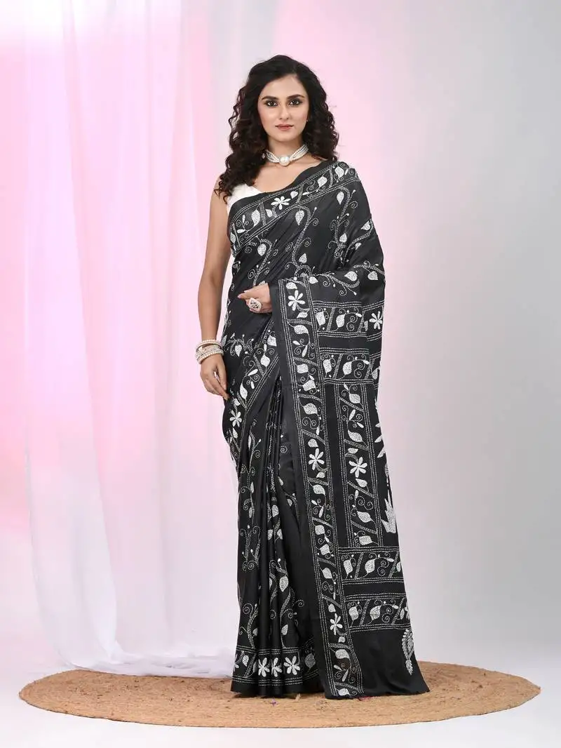 Black silk blend kantha stitch saree with white elephant & floral thread work