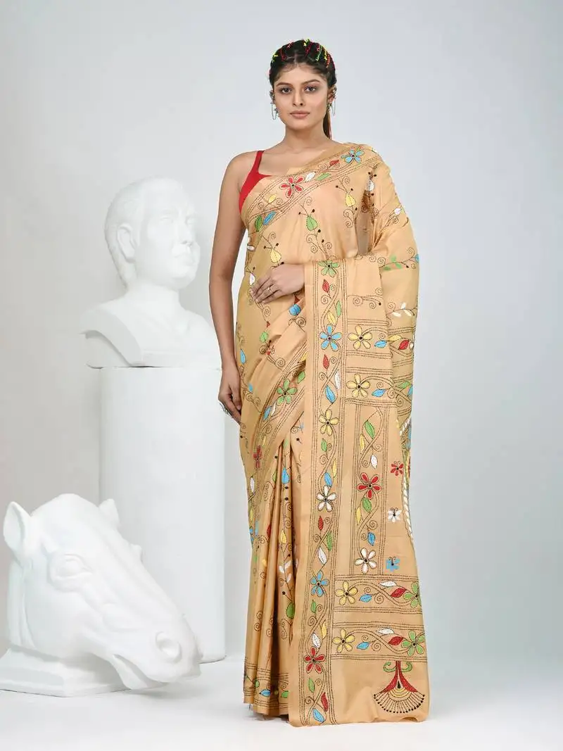 Beige silk blend kantha stitch saree with multicolor thread work