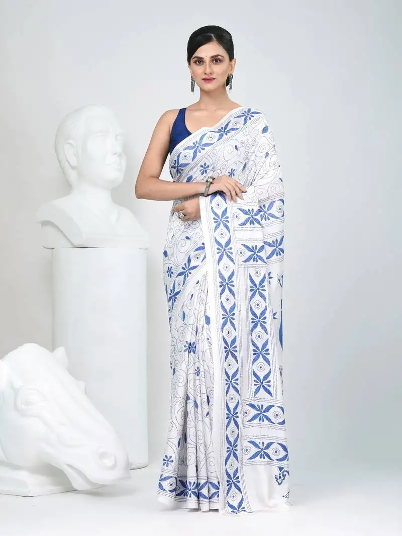 White silk blend kantha stitch saree with peacock & floral motifs