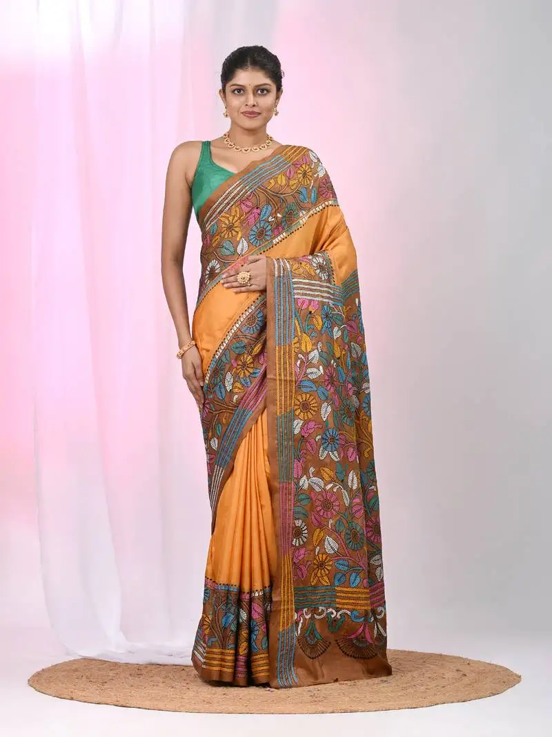 Elegant orange and brown silk blend kantha stitch saree with floral motif