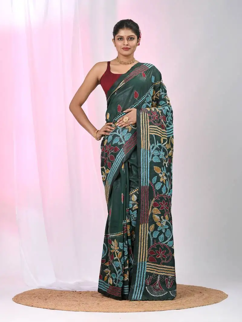 Emerald green silk blend kantha stitch saree with multicolor thread work