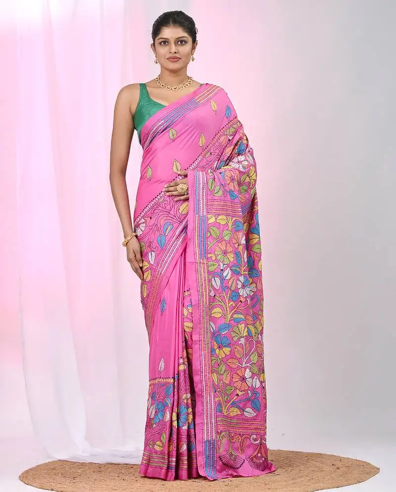Pink silk blend kantha stitch saree with multicolor thread work