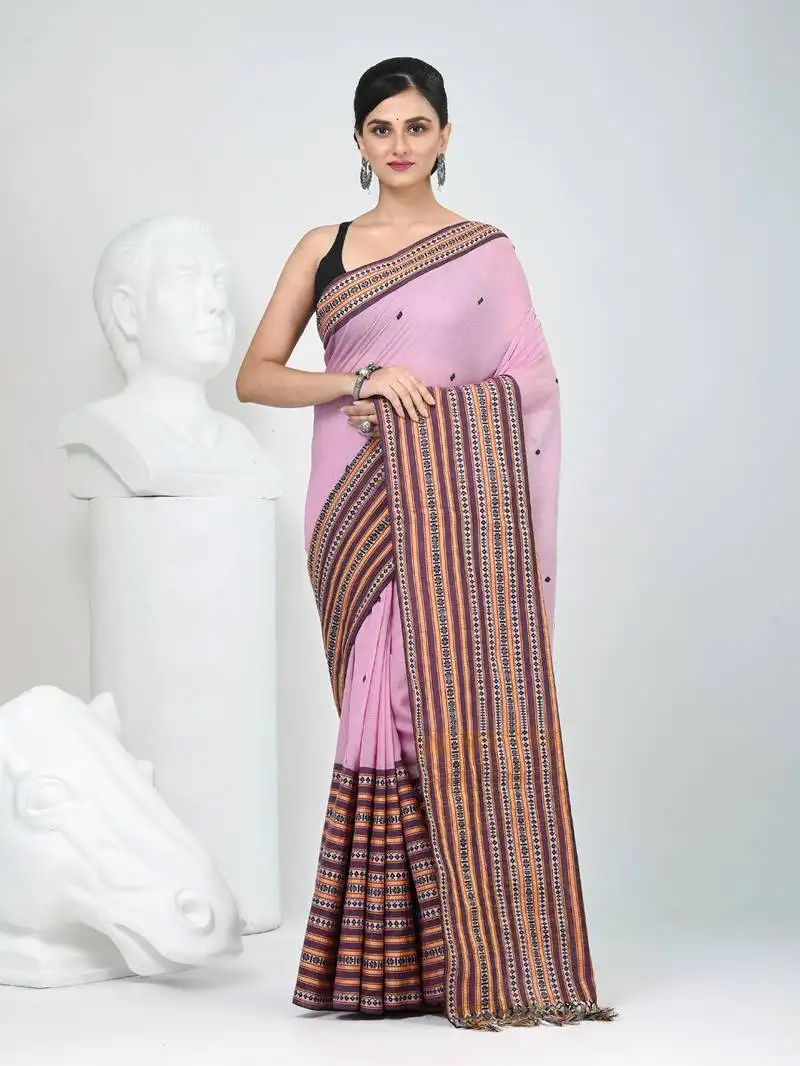 Dusky pink cotton saree with intricate striped border and tassels