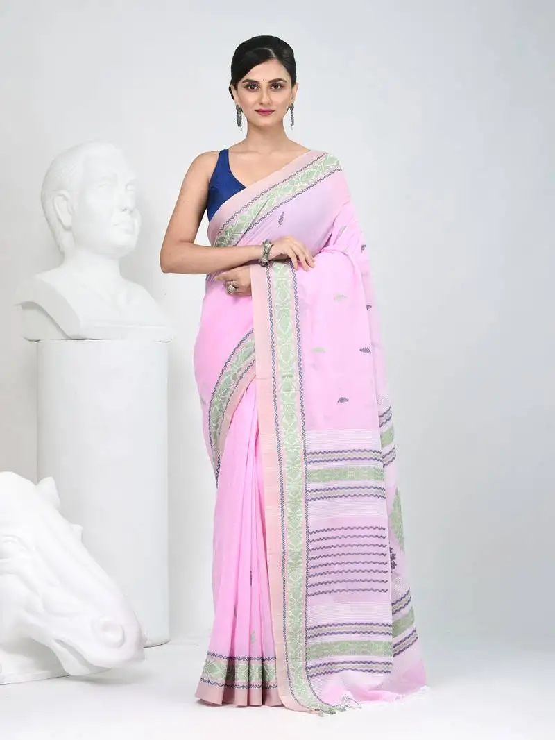 Elegant pink cotton saree with intricate border design