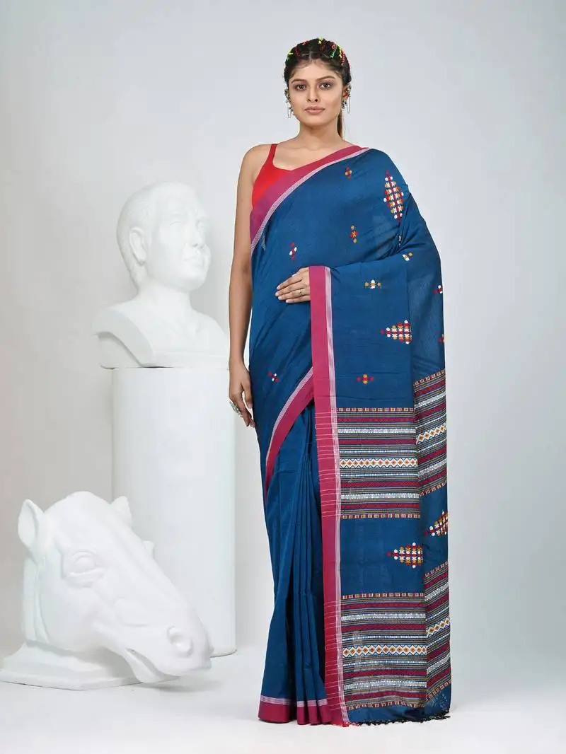 Elegant sapphire blue cotton saree with red border & woven motifs
