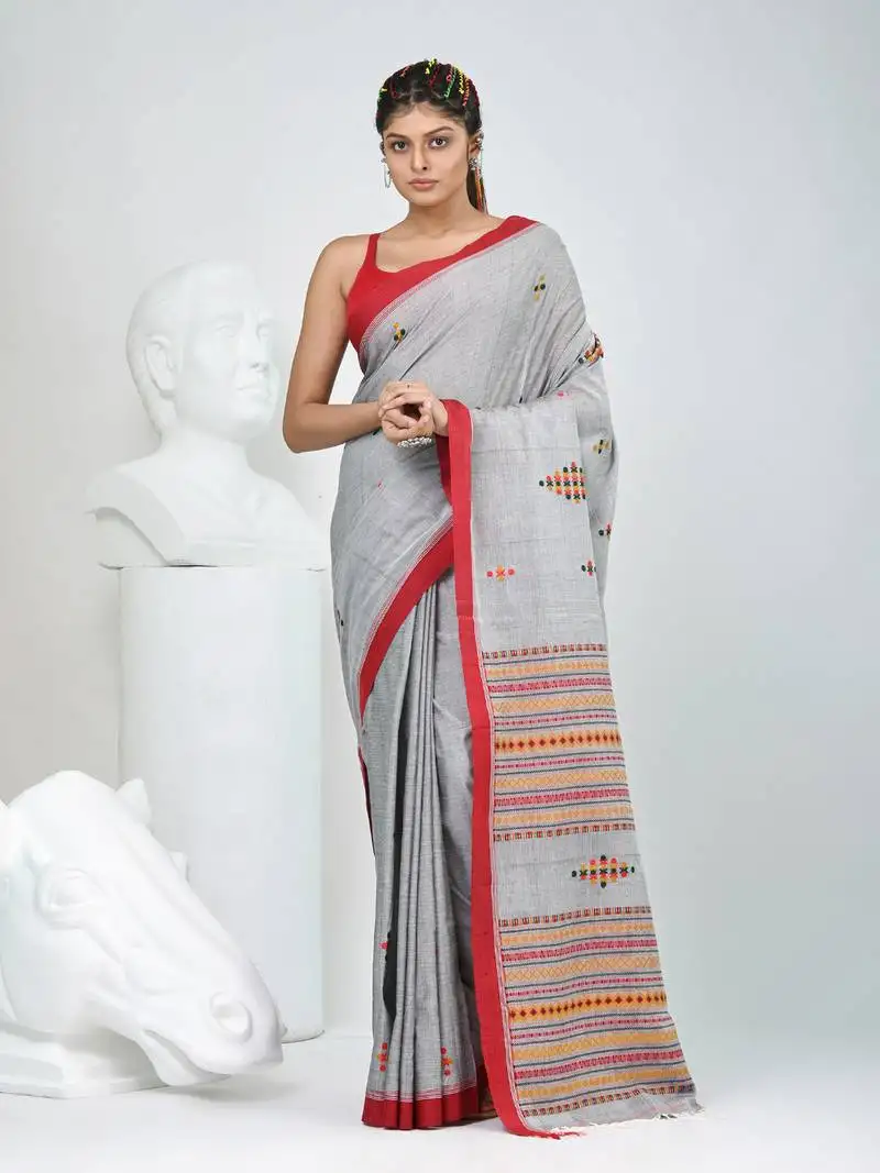 Elegant grey cotton saree with red border & woven motifs