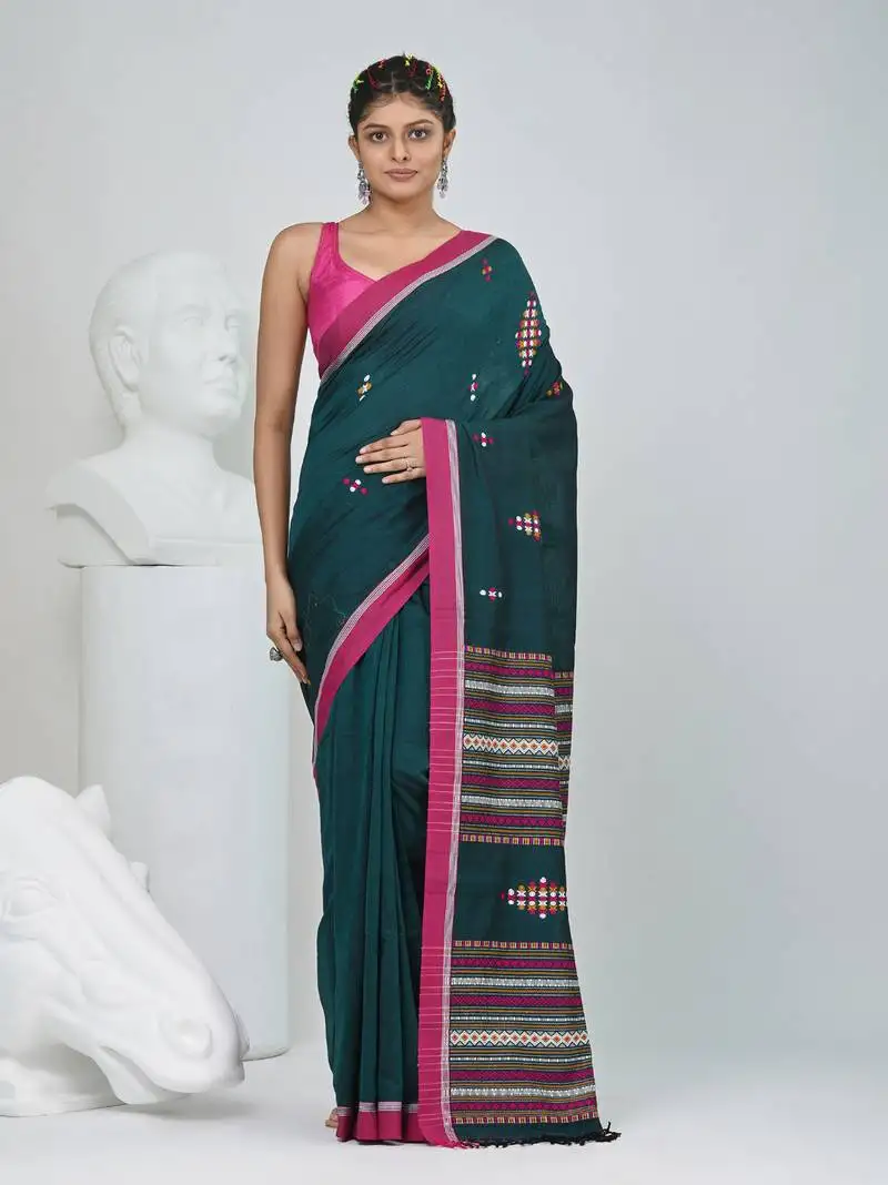 Elegant teal cotton saree with red border & woven motifs