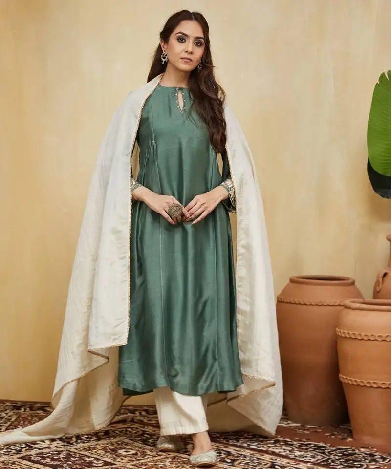Green plain chanderi with delicate embroidery kurta set