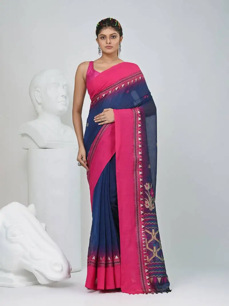 Navy blue and pink cotton saree with traditional woven border