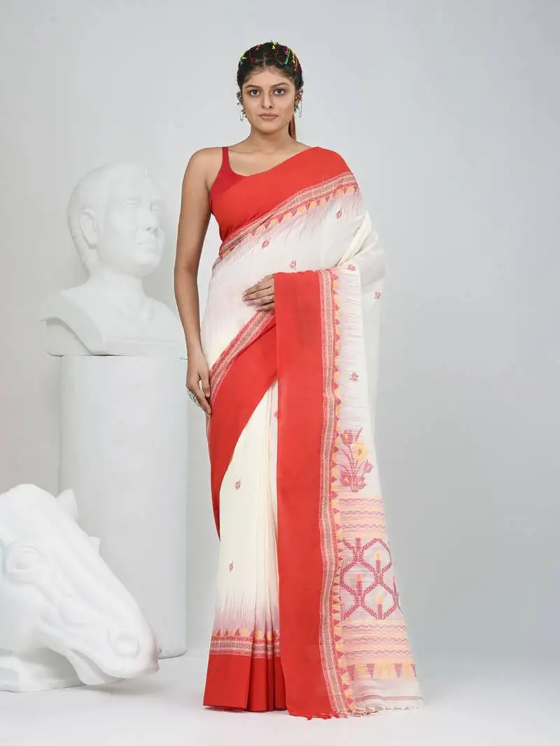 Off white and red cotton saree with traditional woven border