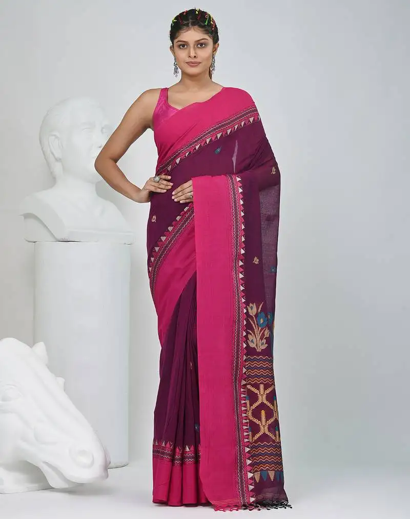 Magenta and pink cotton saree with traditional woven border