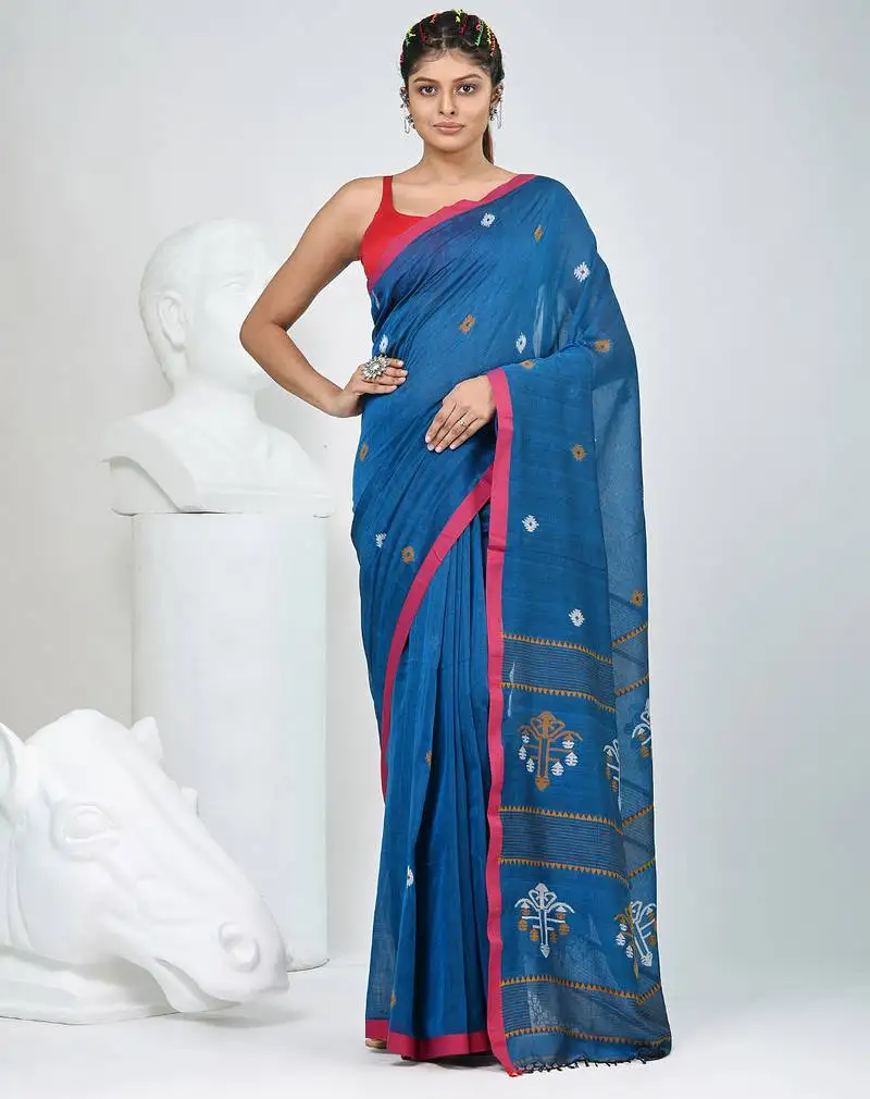 Sapphire blue handwoven cotton saree with pink border and traditional motifs
