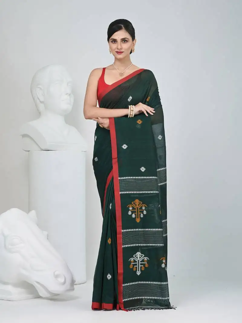 Green handwoven cotton saree with red border and traditional motifs