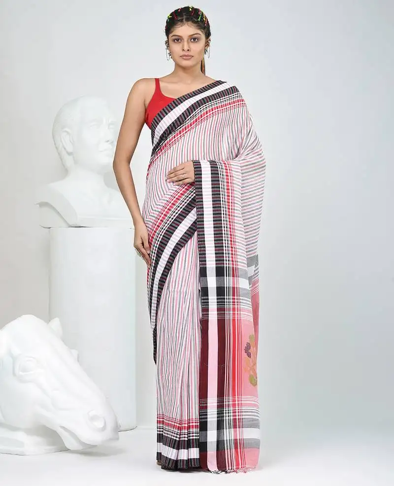 White & black striped cotton saree with red accents and stripe pattern