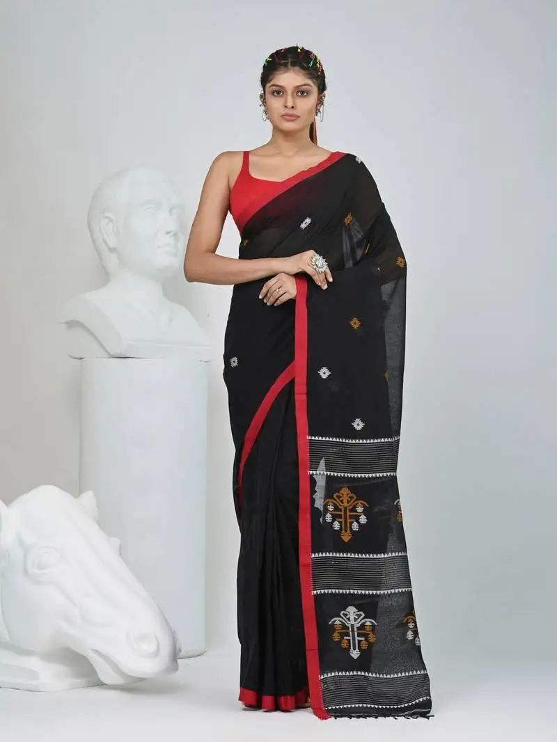 Black handwoven cotton saree with red border and traditional motifs