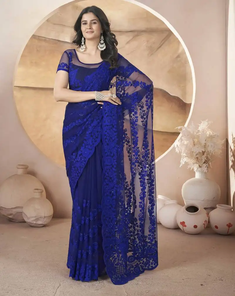 Blue butterfly net thread embroidery with stone work saree
