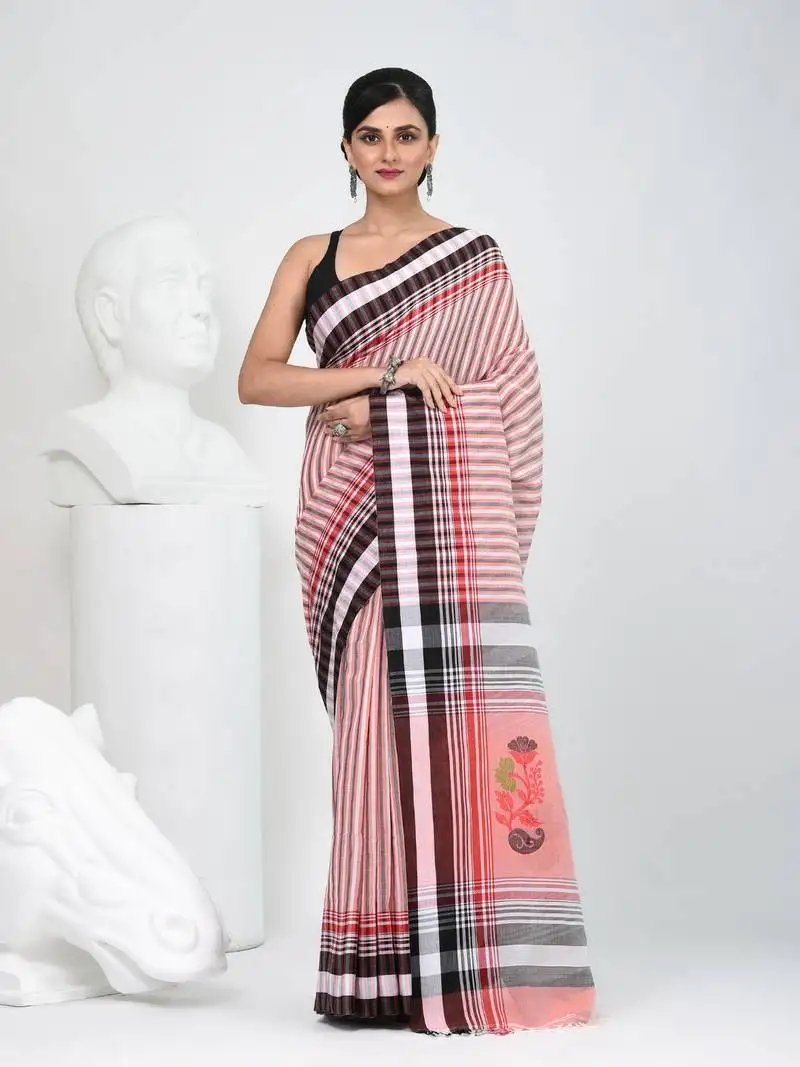 Elegant striped cotton saree in black, white & red combination