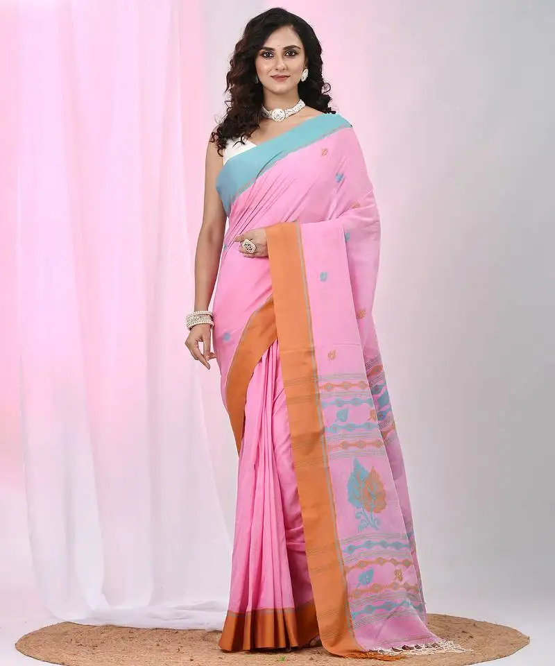 Pink cotton leaf motifs saree with mastard and blue border