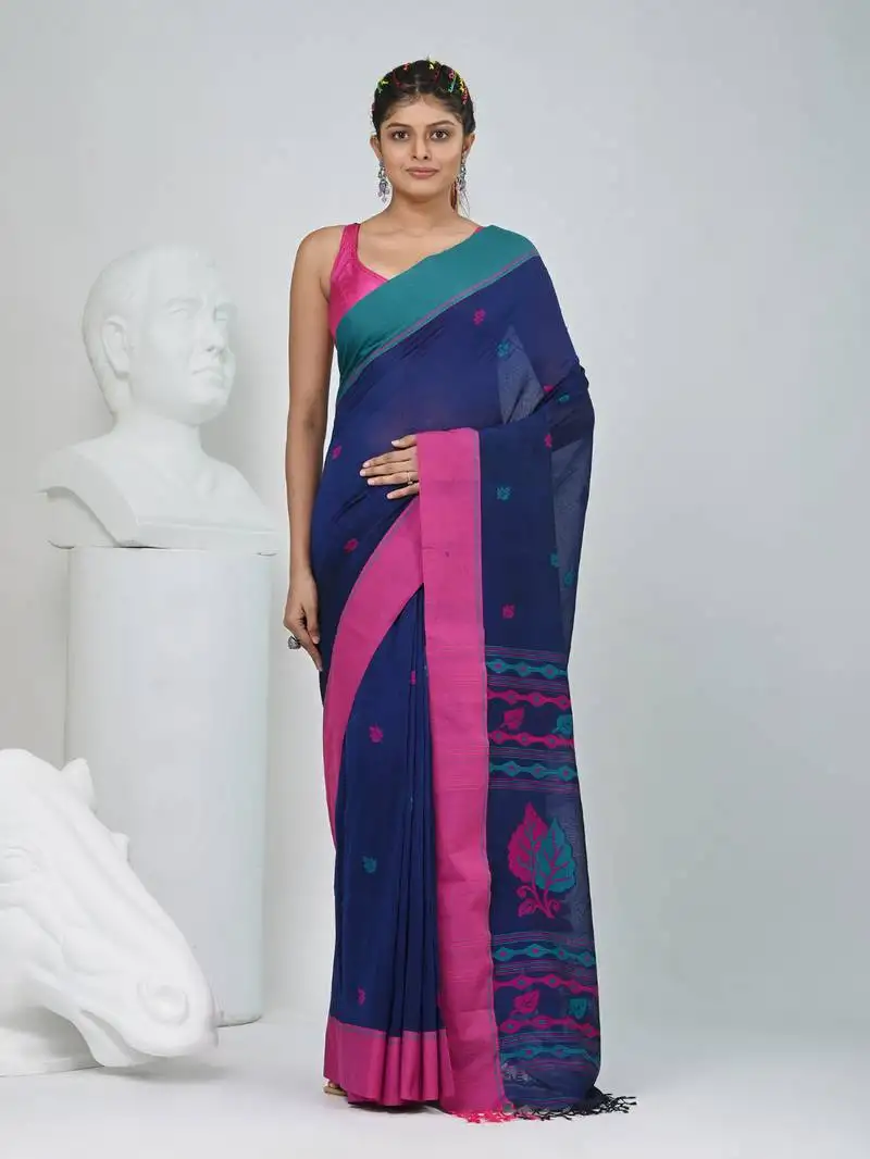 Navy blue cotton saree with pink and teal border & leaf design