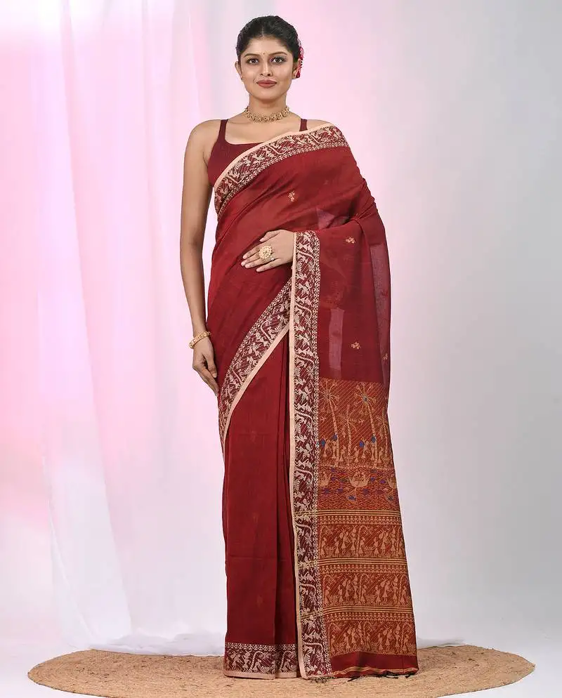Dark red cotton saree with beige border and traditional woven pallu