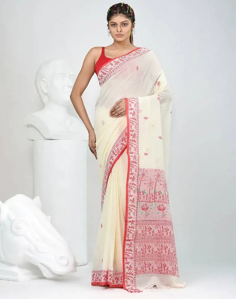 Off white cotton saree with beige border and traditional woven pallu