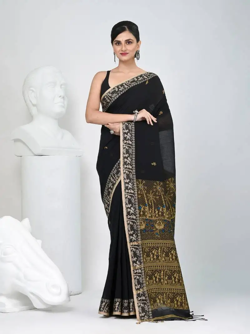 Black cotton saree with beige border and traditional woven pallu