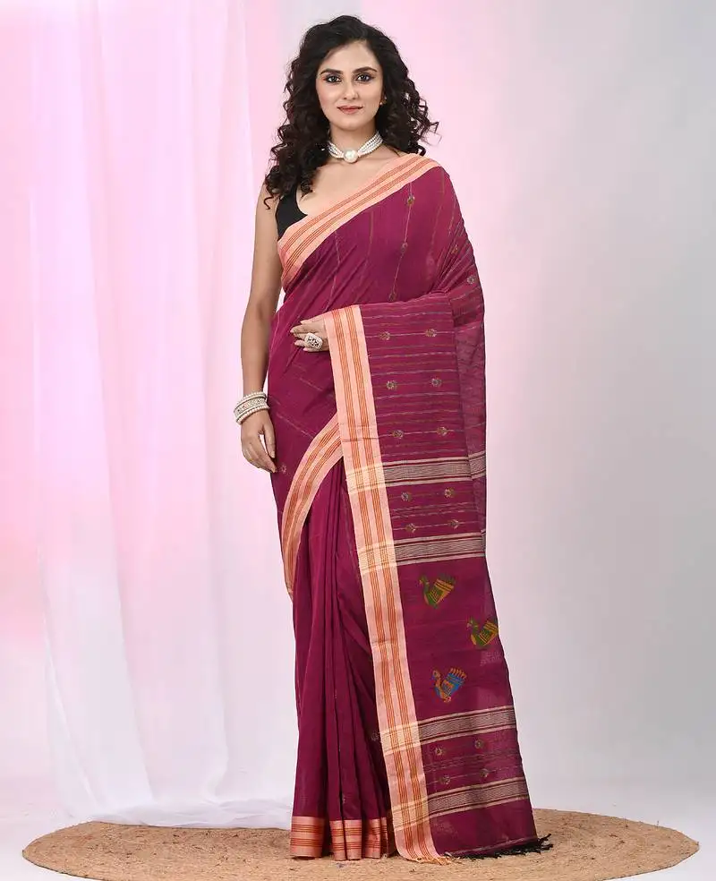 Fuchsia cotton saree with beige border & bird motif design