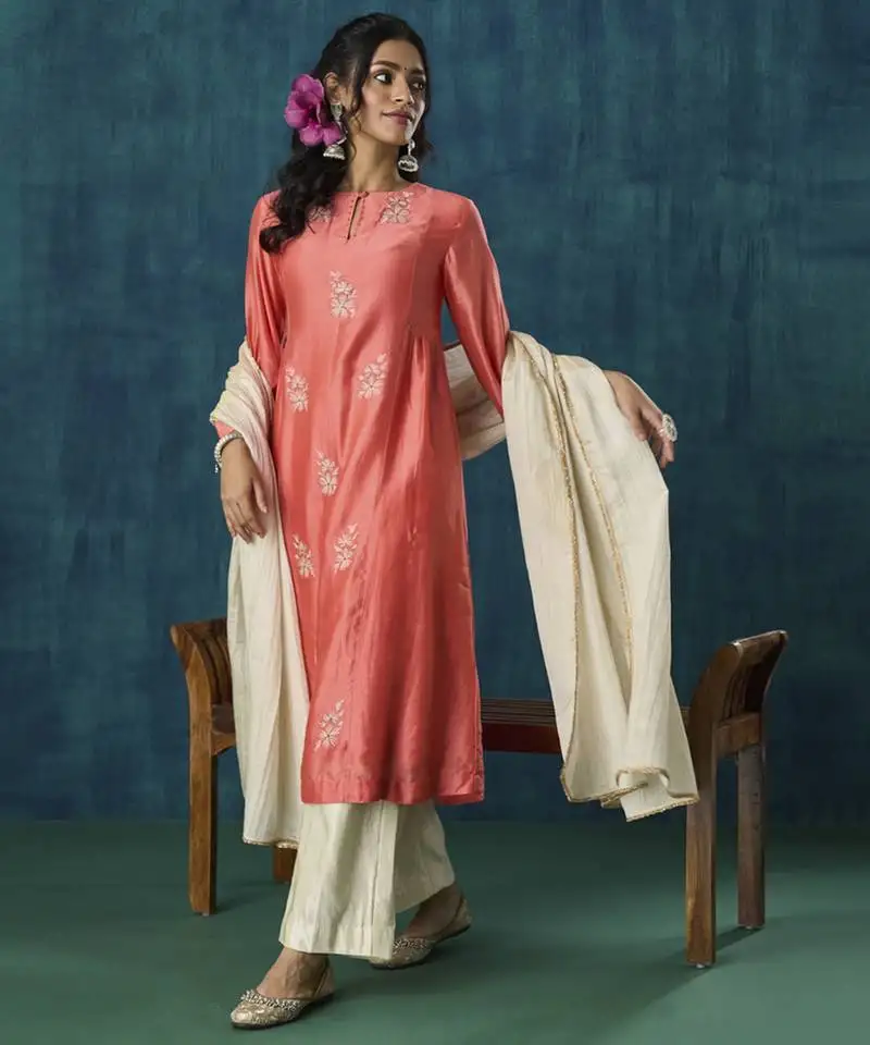 Peach floral embroidery chanderi kurta set