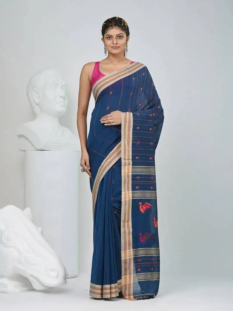 Cobalt blue cotton saree with beige border & bird motif design