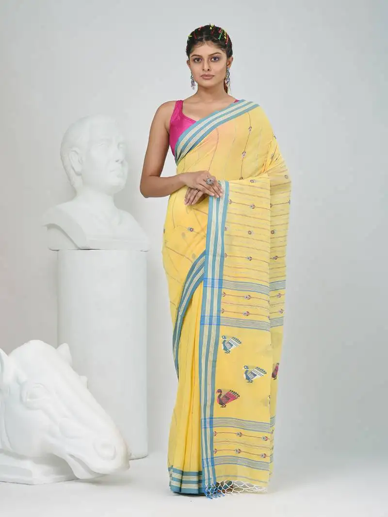 Yellow cotton saree with bird motifs and blue stripes