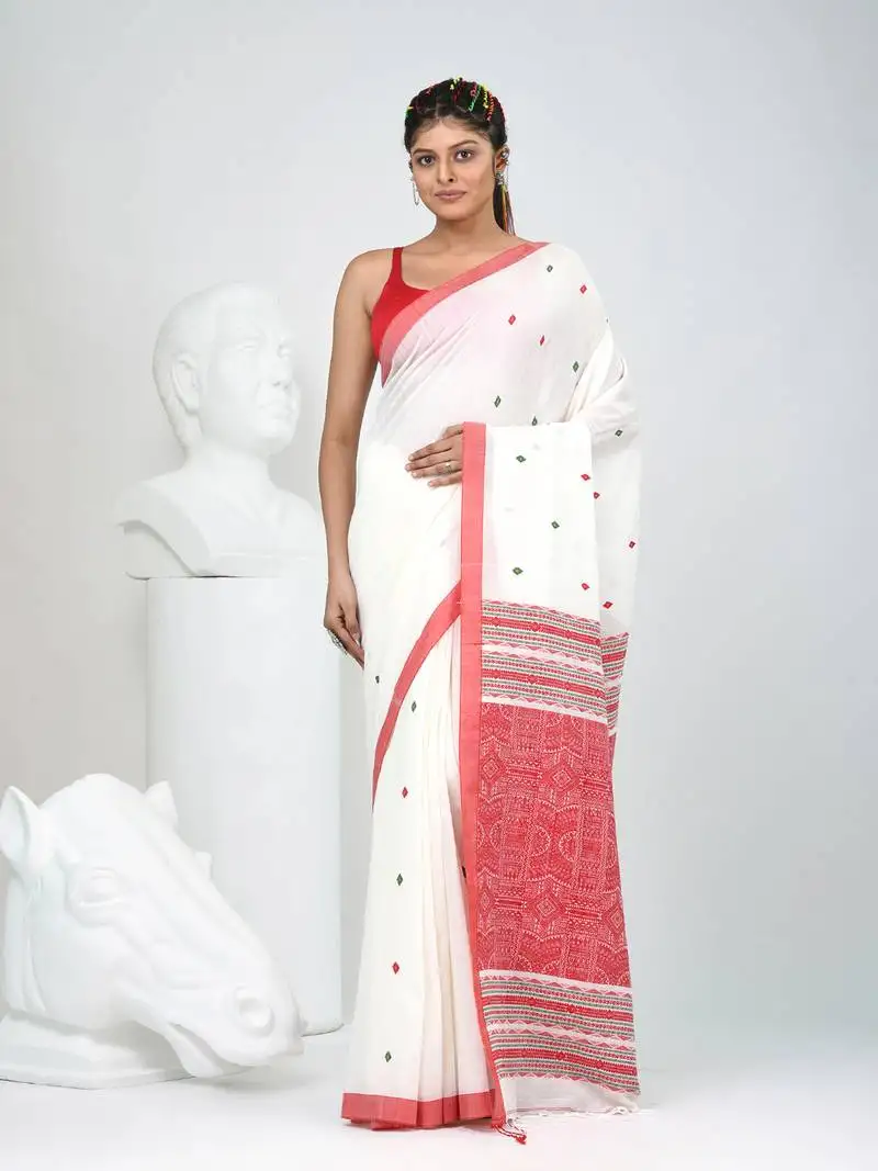 Elegant white cotton saree with red and green diamond motifs