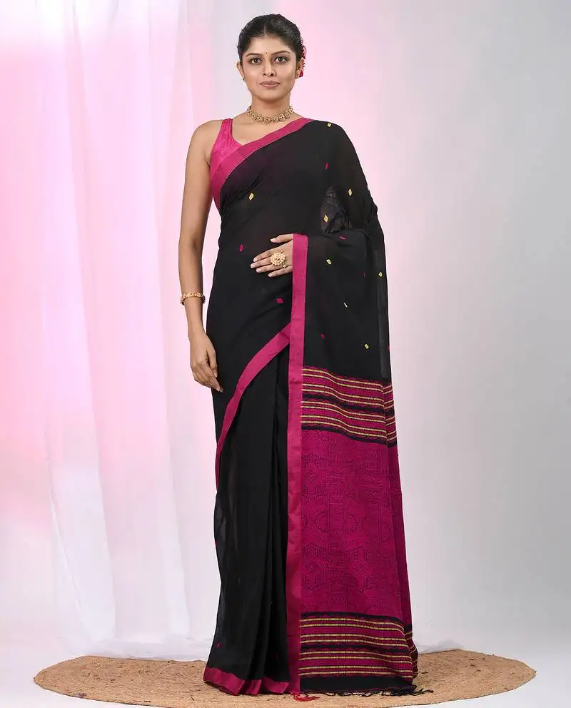 Elegant black cotton saree with pink and yellow diamond motifs