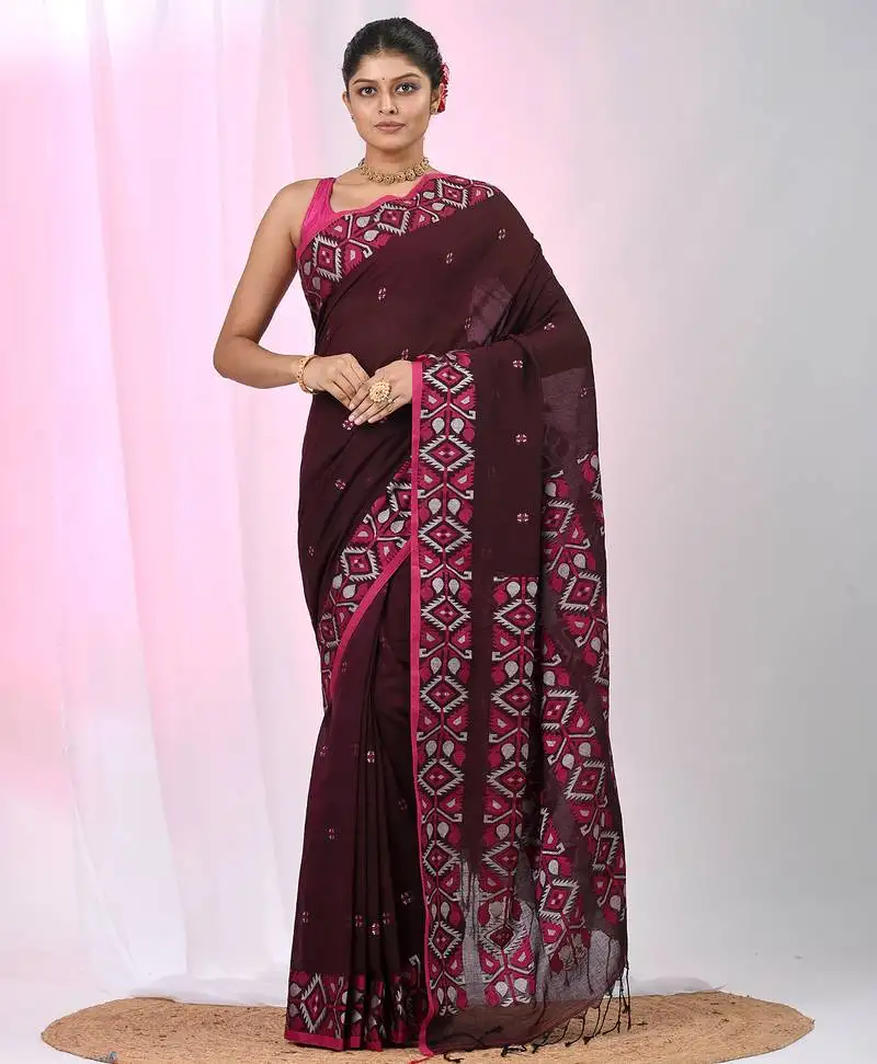 Elegant maroon cotton saree with geometric floral borders