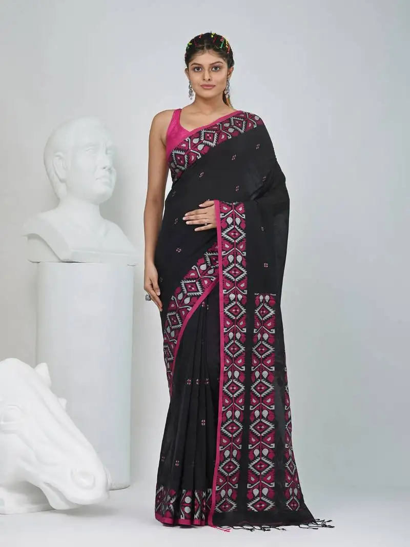 Elegant black cotton saree with geometric floral borders