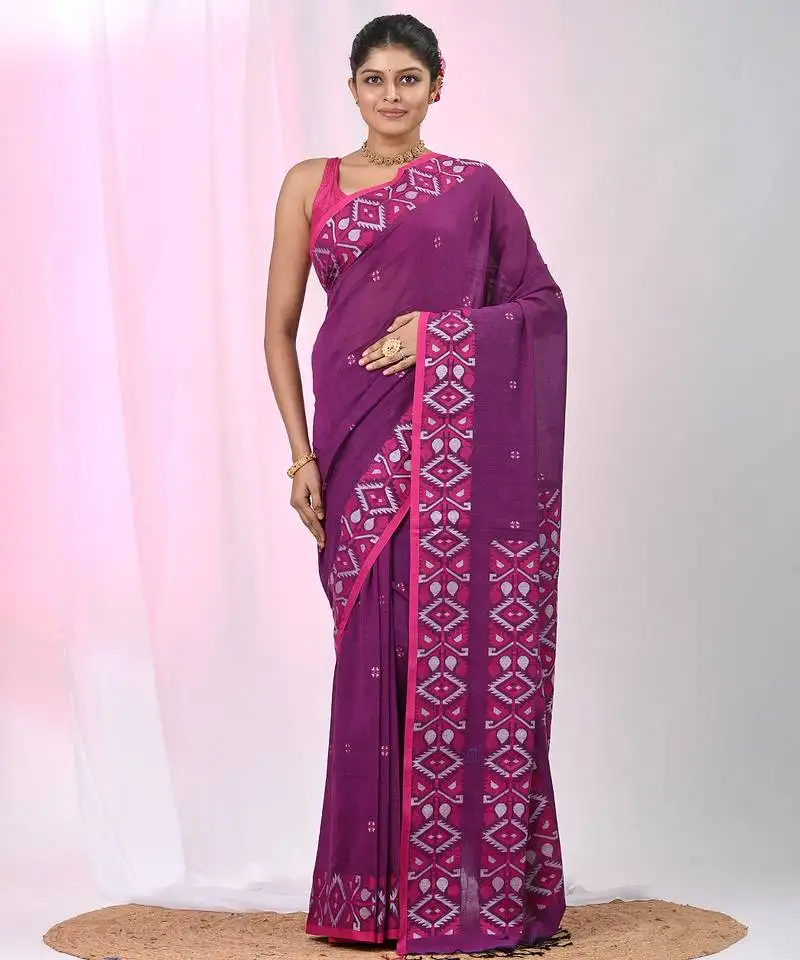 Elegant purple cotton saree with geometric floral borders