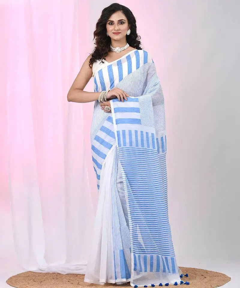 Elegant white and sky blue striped cotton handspun saree with pom pom border