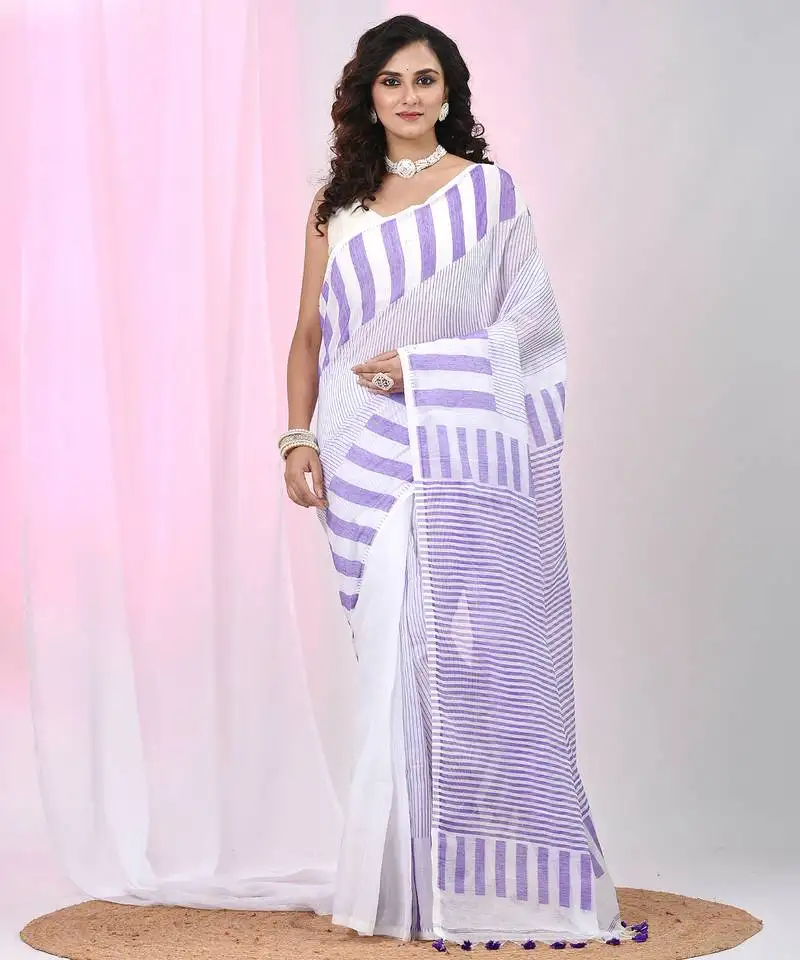 Elegant white and violet striped cotton handspun saree with pom pom border