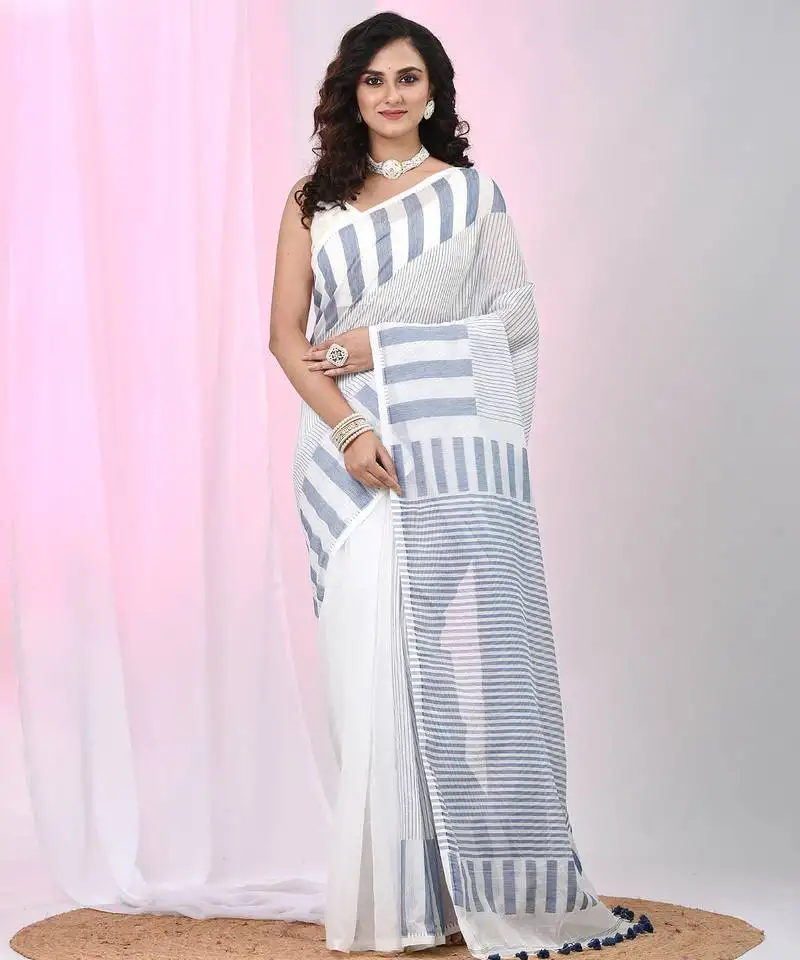 Elegant white and grey striped cotton handspun saree with pom pom border