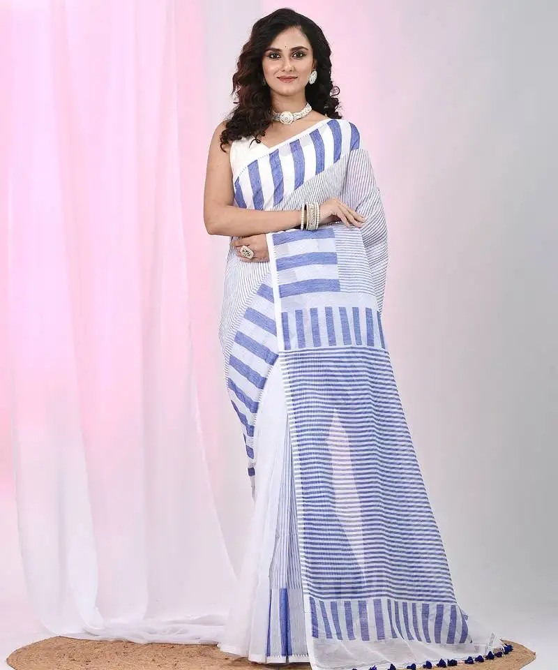 Elegant white and blue striped cotton handspun saree with pom pom border