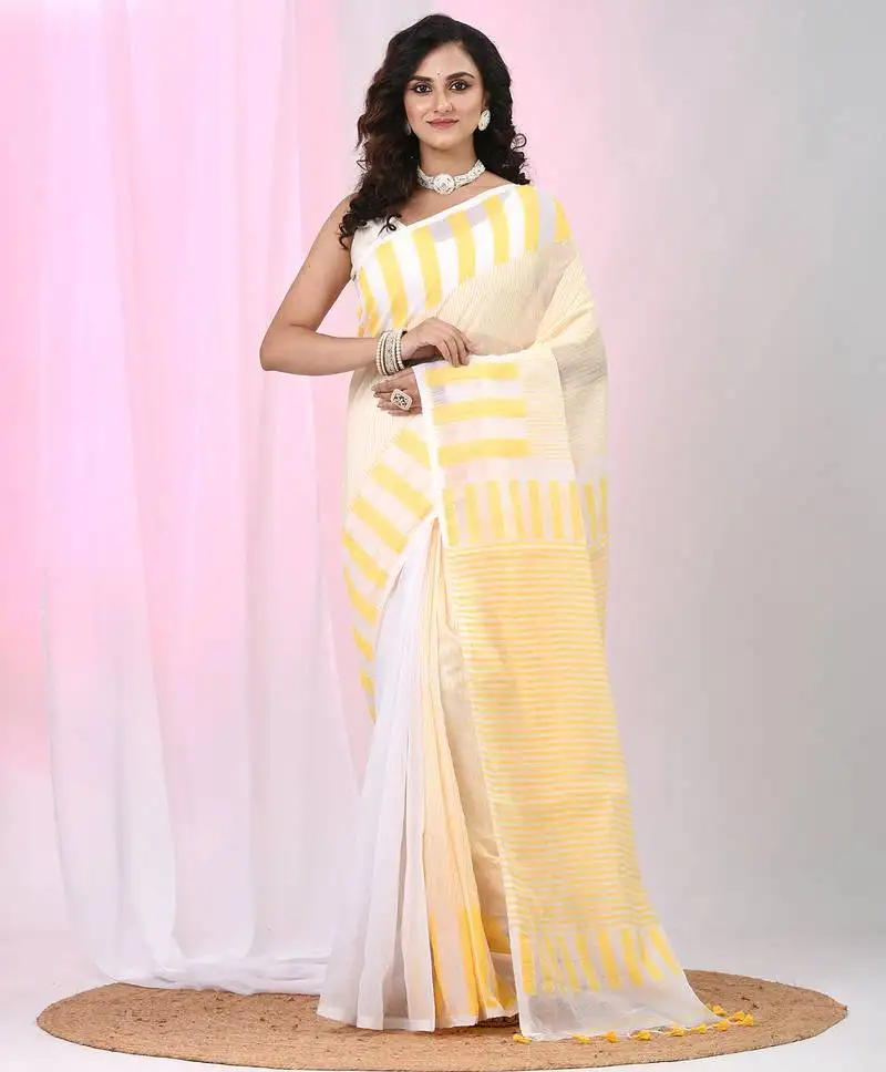Elegant white and yellow striped cotton handspun saree with pom pom border