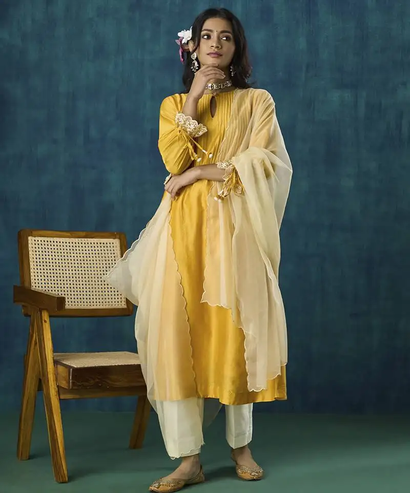 Yellow flowy plain chanderi kurta set