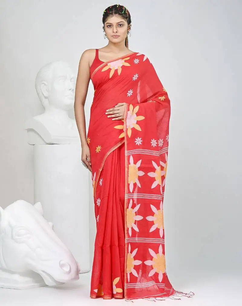 Red handspun cotton saree with floral woven design