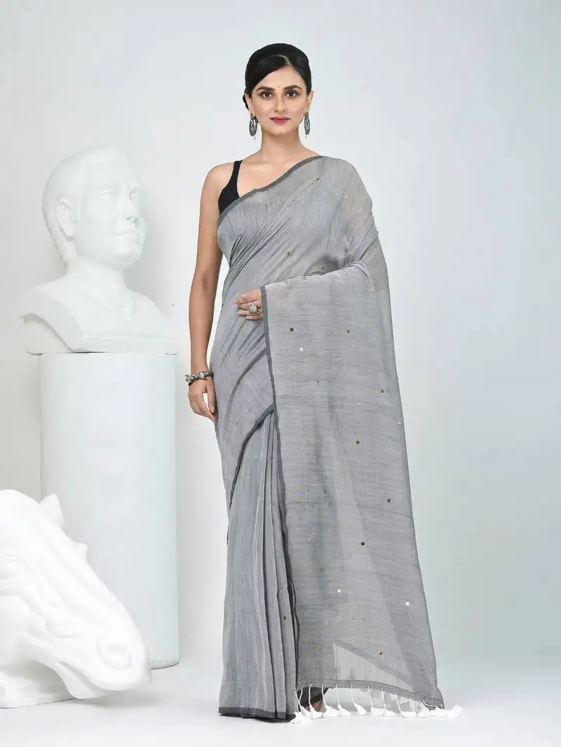 Elegant grey cotton saree with sequin embellishments and pom pom
