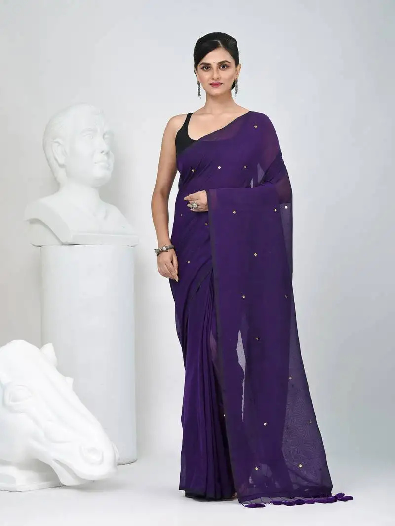 Elegant purple cotton saree with sequin embellishments and pom pom