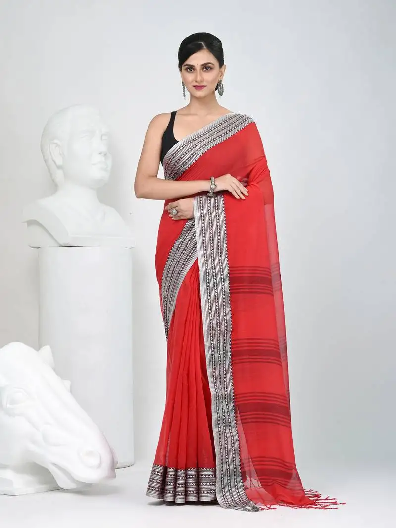 Elegant red mulmul cotton saree with black & white woven border