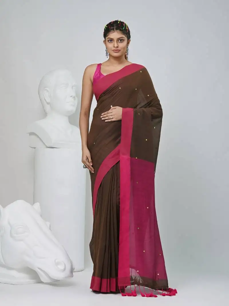 Elegant brown and pink cotton saree with pom pom and sequins
