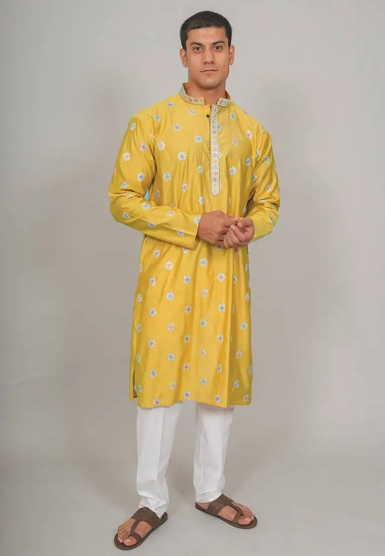 Handcrafted cotton kurta pajama set for men   yellow