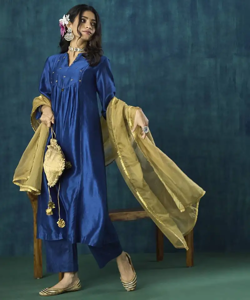 Navy blue plain chanderi silk kurta set