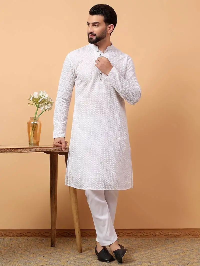 Blue chikankari embroidery cotton kurta with silk churidar pajama