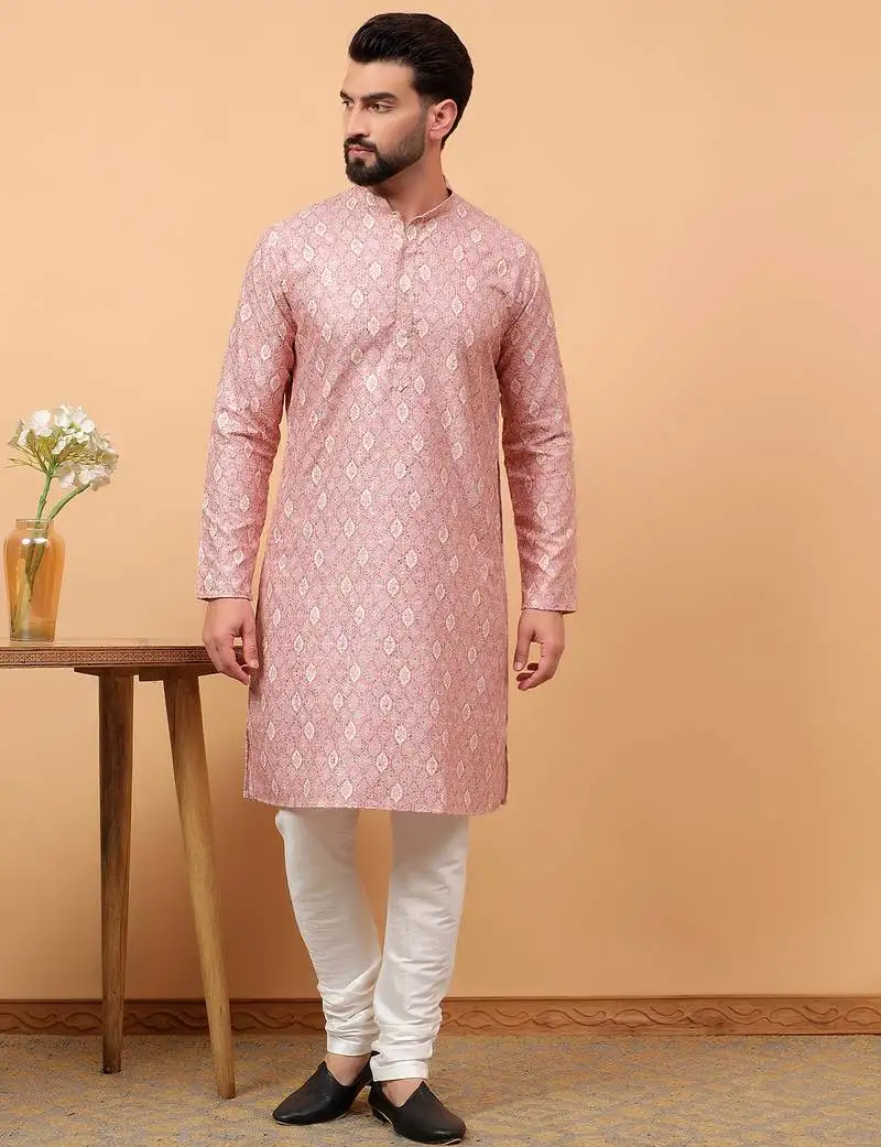 Blue chikankari embroidery cotton kurta with silk churidar pajama by treemoda